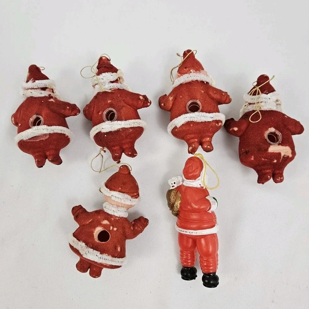 Vintage 6 Blow Mold Santa Mrs Clause Christmas Tree Light Covers MCM Flocked
